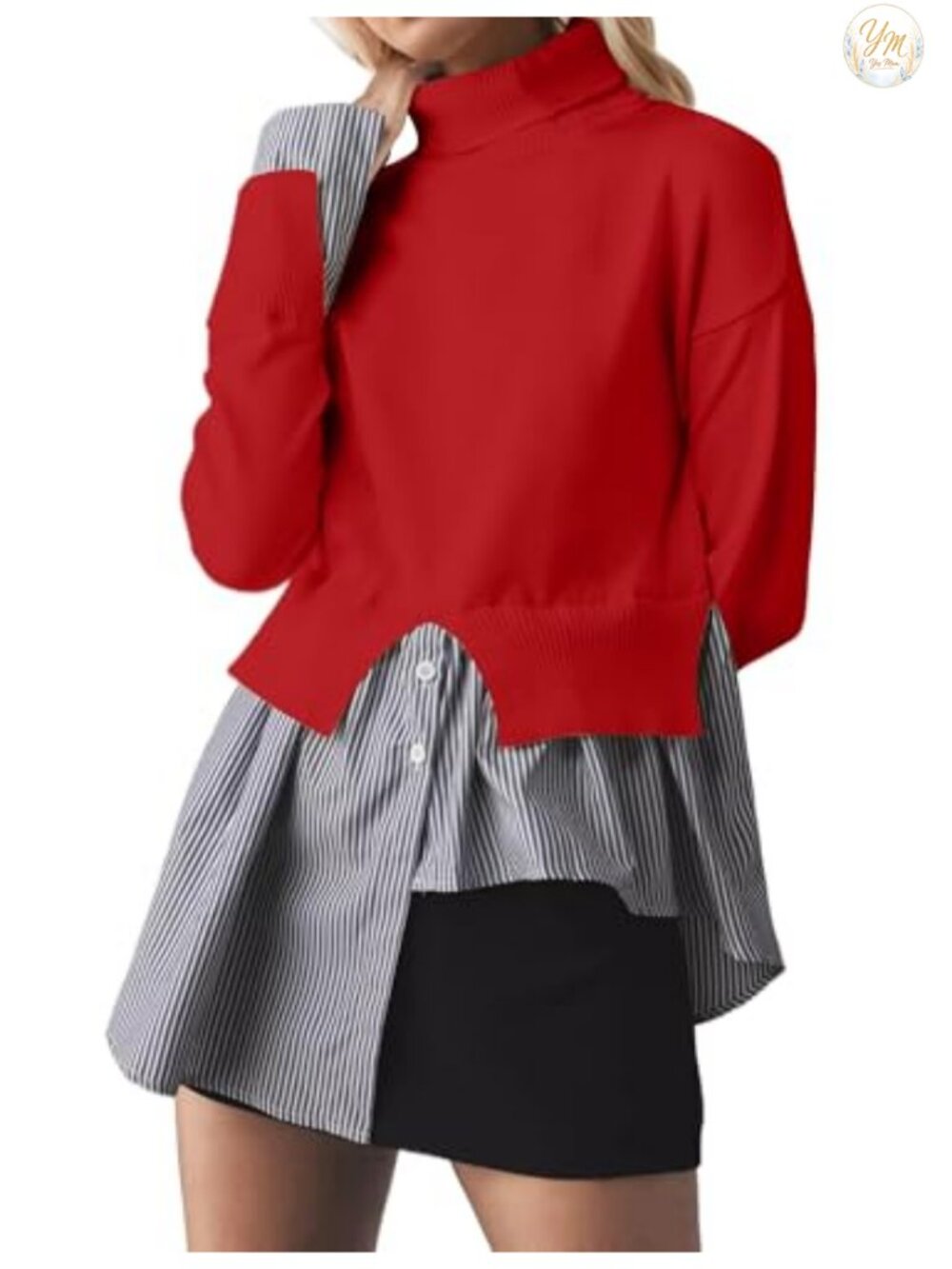 80% Viscose 20% Polyester Slit Turtleneck Patchwork Sweater 2-in-1 Buttons Down